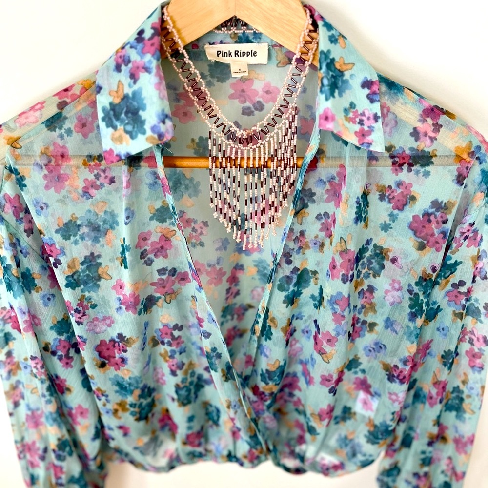 Beautiful Sheer Floral Crop Blouse by Pink Ripple.